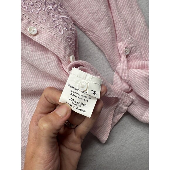 Gorsuch Linen SZ 38 EU 8 US Striped Button Front Shirt Collared Embroidered Pink - Picture 4 of 5